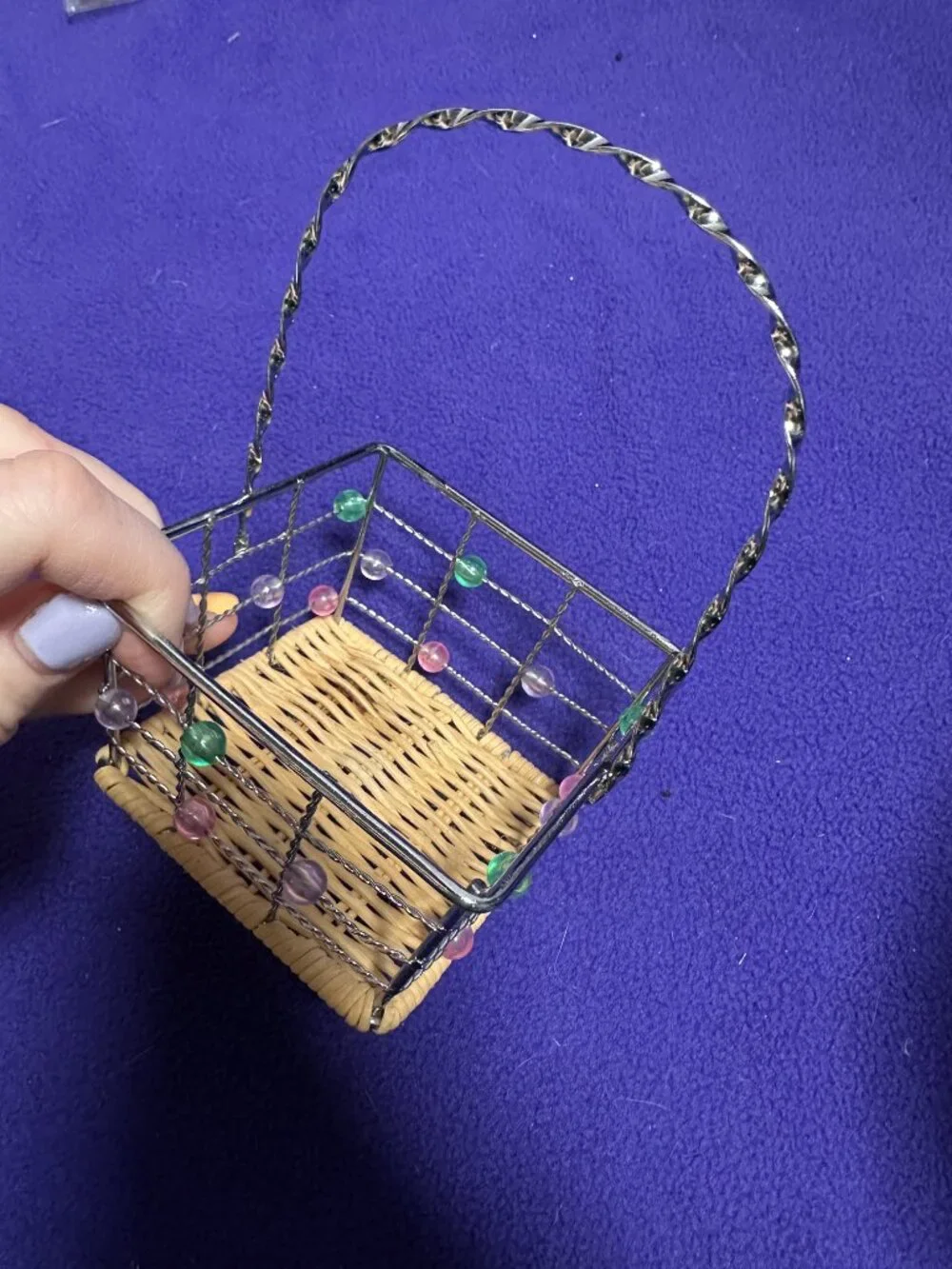 Vintage Mini Metal and Wire Silver Pink Green Beaded Handle Basket 5.5